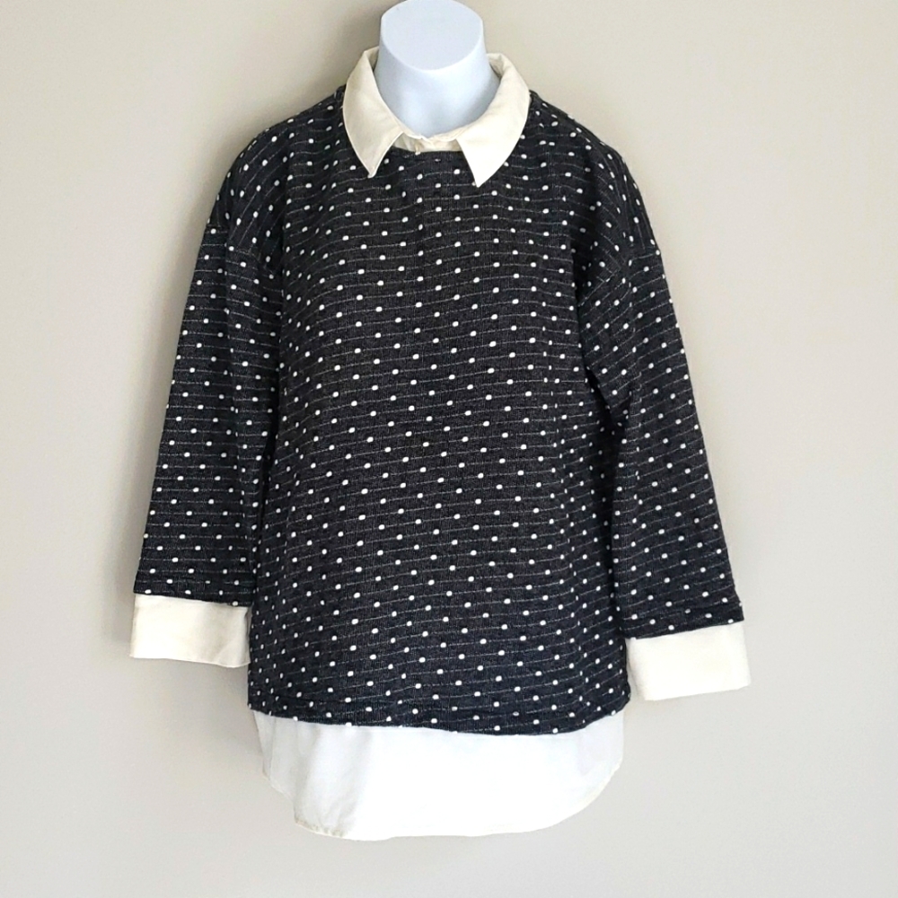 Ann Taylor Twofer Collared Petite SZ Small Sweater Black Cream